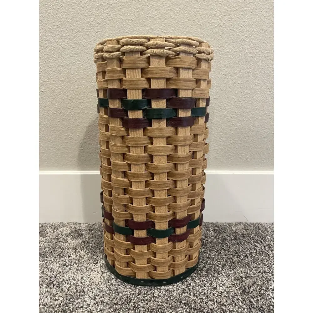 Vintage Wooden Woven Wicker Umbrella Or Toilet Paper Holder Basket 14”
